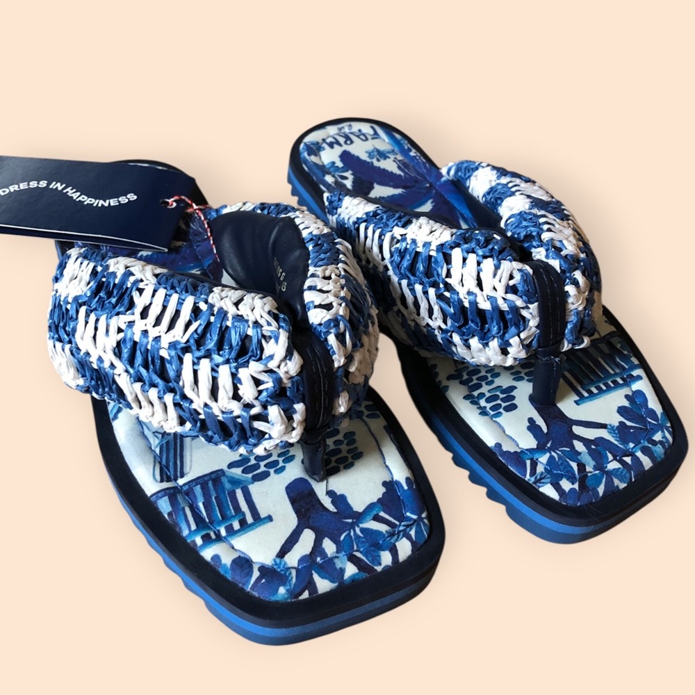 Farm Rio NEW Sweet Rio Raffia Puffy Flip Flop Blue White Vegan Summer Women US 6 - Picture 12 of 16